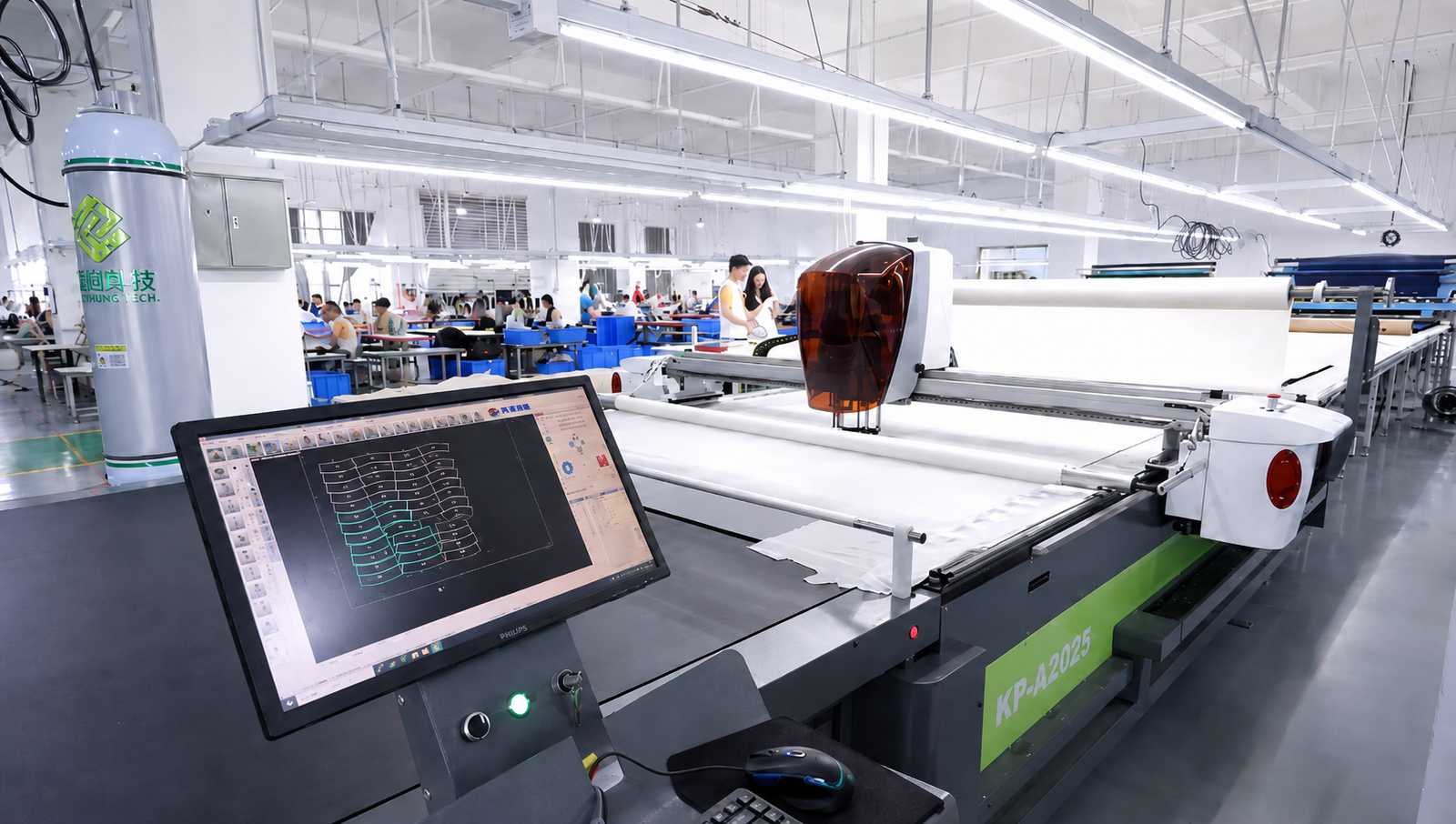 Main production floor with rows of sewing stations