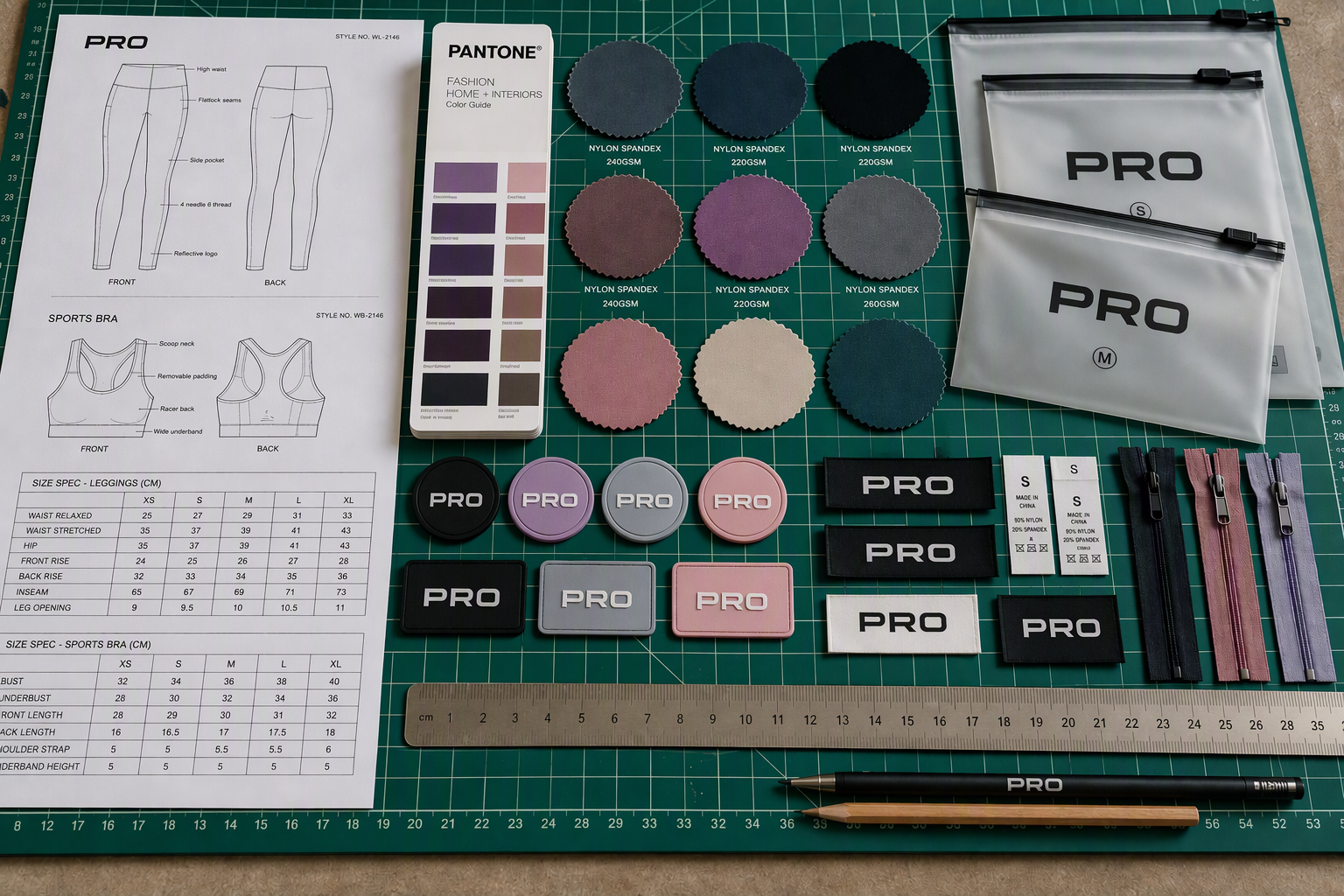 PRO Activewear Tech Pack Preparation Custom Silicone Logo, Trims, and Fabric Swatches