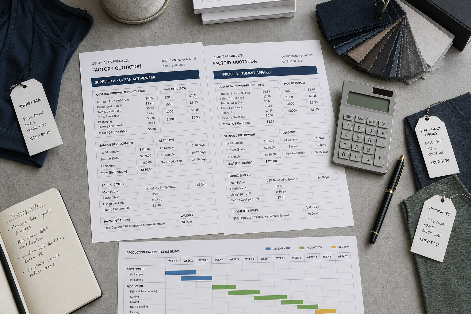 Sportswear Sourcing Cost Analysis Comparing FOB Unit Price, MOQ, and Total Landed Cost