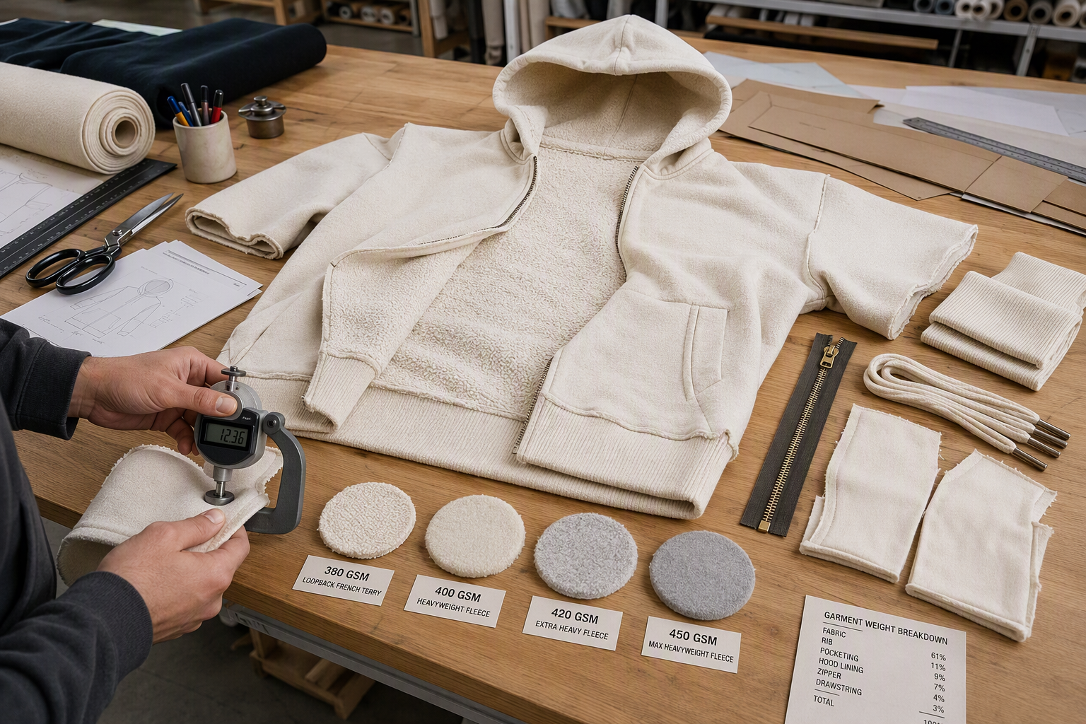 Fabric Weight and Garment Construction Breakdown GSM Fleece, and Hardware