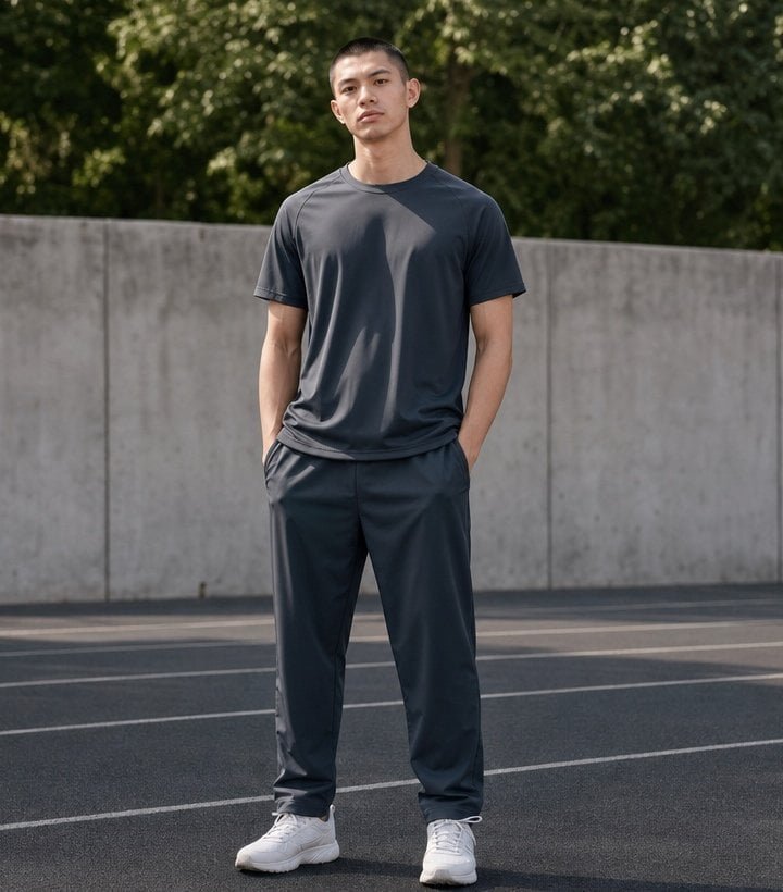 Model wearing loose-fit unisex activewear set