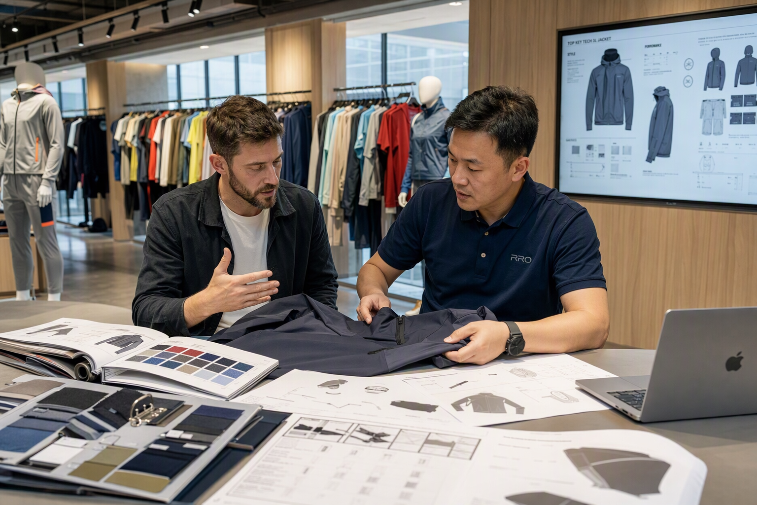 A designer and a factory manager discussing fabric swatches and technical drawings.