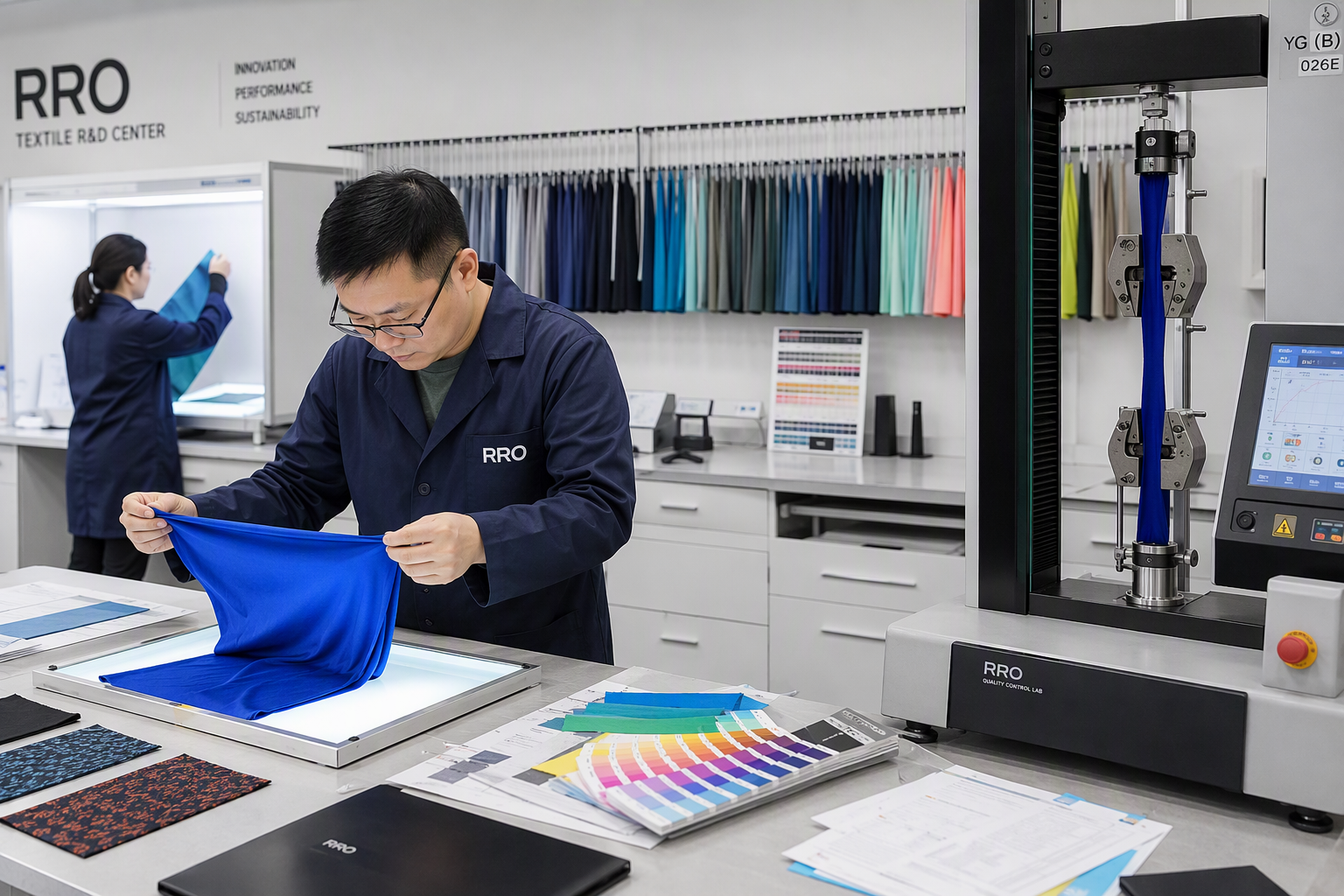An inspector reviewing the stitching on a piece of sportswear in a factory setting.