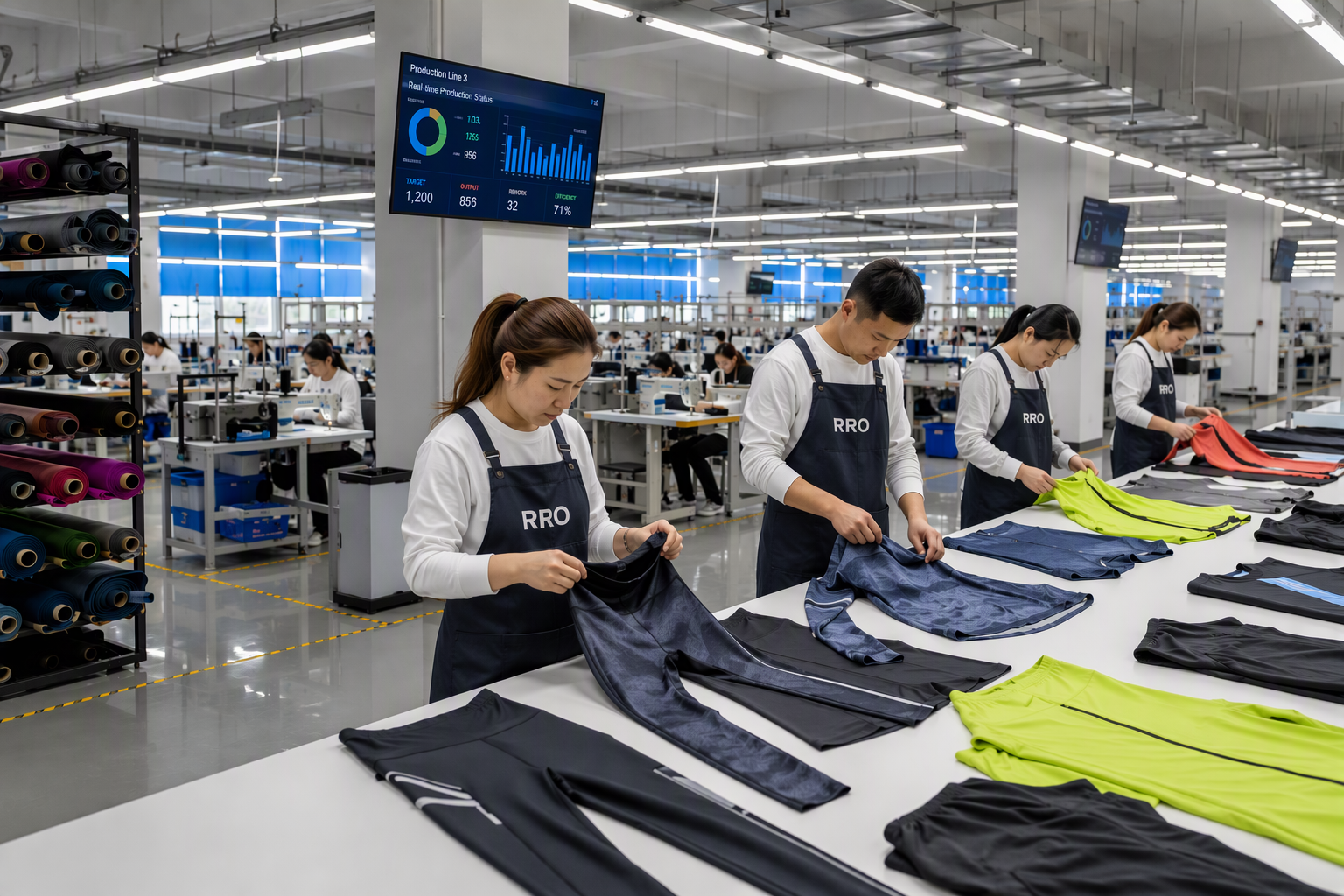 A collection of high-quality sportswear garments including yoga pants and sports bras.