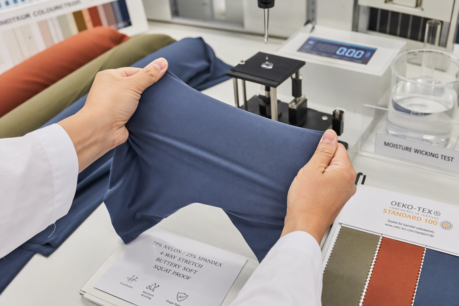 Technical 4-Way Stretch Nylon Spandex Fabric Testing for High-Performance Yoga Wear